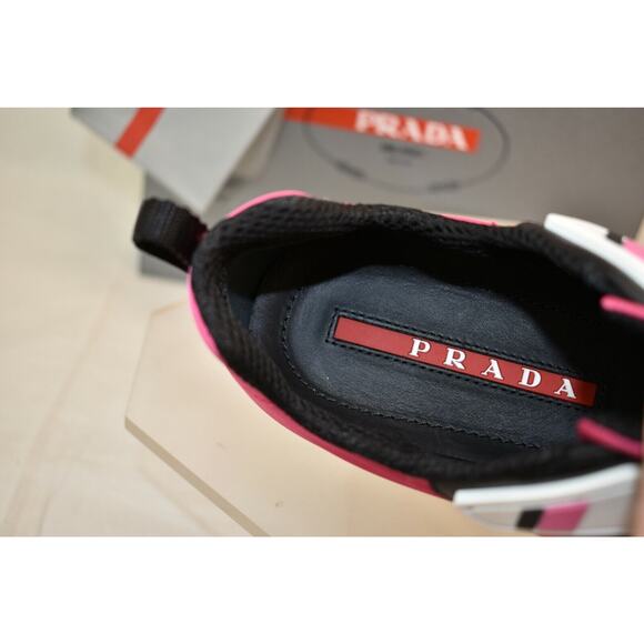 NIB PRADA 3E6321 WOMEN PINK NYLON LACE UP LOGO LOW TOP PLATFORM SNEAKERS 40 - Picture 11 of 12